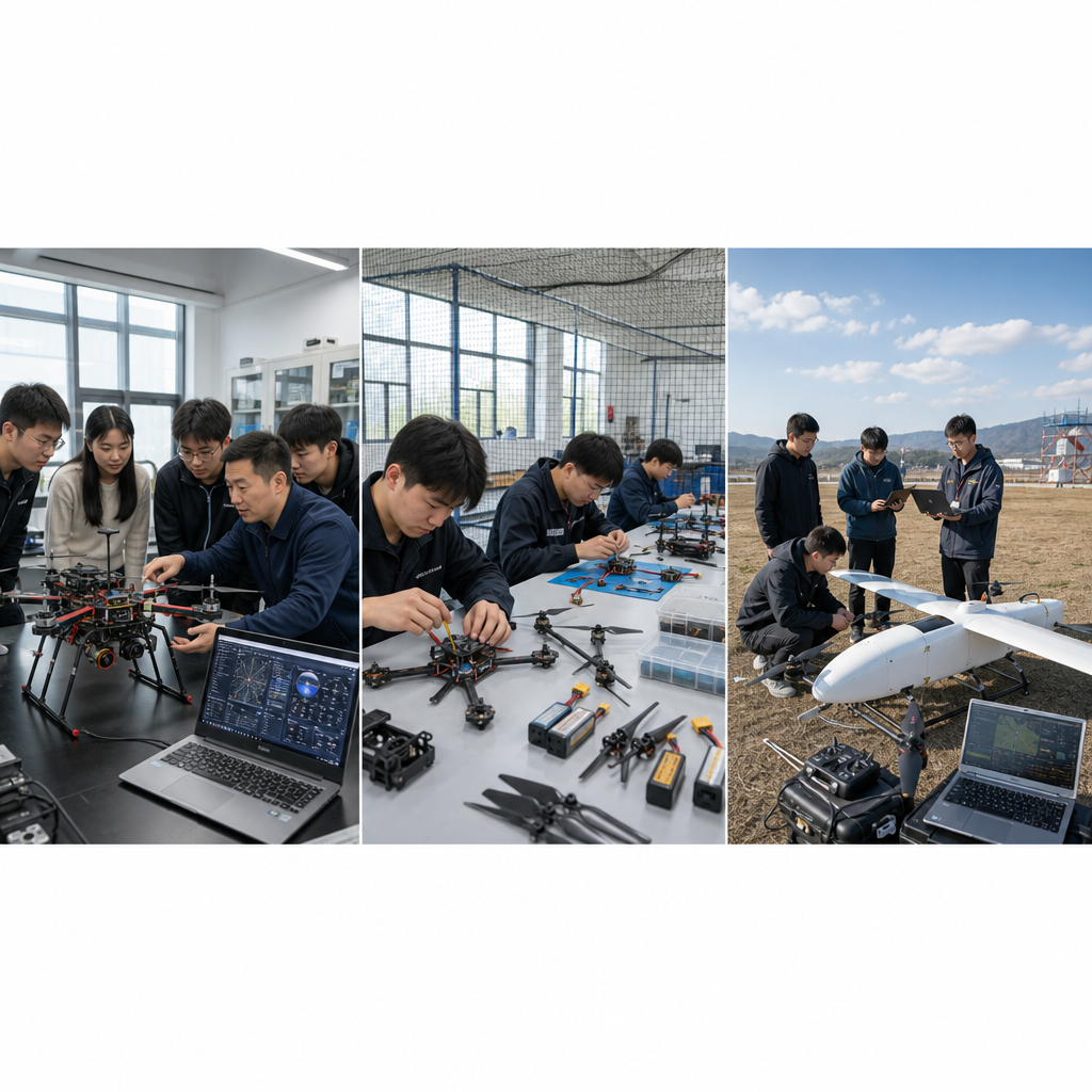 高校无人机课程场景，老师和学生围绕 PX4 多旋翼无人机、飞控电脑和实验台开展课堂教学